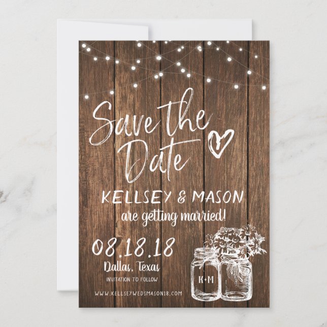 Rustic Wood Save the Date with Mason Jars & Lights Invitation (Front)