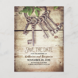 Rustic Wood Save the Date with Skeleton Keys Announcement Postcard