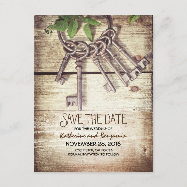 Rustic Wood Save the Date with Skeleton Keys Announcement Postcard (Front)