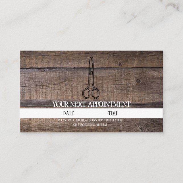 Rustic Wood Scissor Hair Salon  Appointment Card (Front)