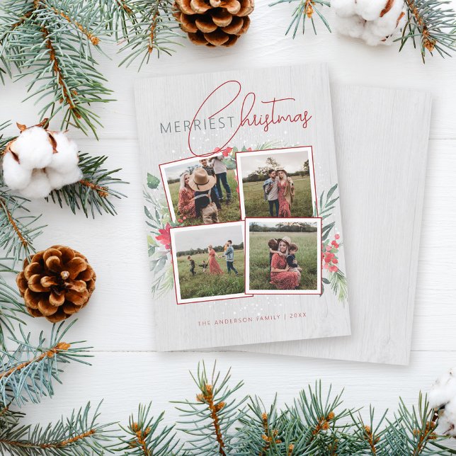 Rustic Wood & Script 4 Photo Merriest Christmas Holiday Card (Creator Uploaded)