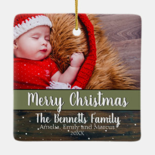 Rustic Wood Script Merry Christmas Holiday Photo Ceramic Ornament