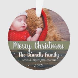 Rustic Wood Script Merry Christmas Holiday Photo Ornament