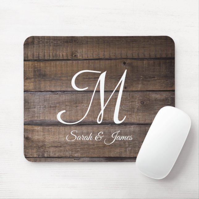 Rustic Wood Script Monogram Name  Mouse Mat (With Mouse)