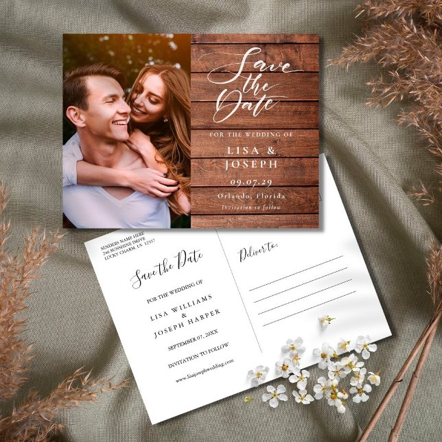 Rustic Wood Script Photo Wedding Save the Date Postcard (Creator Uploaded)
