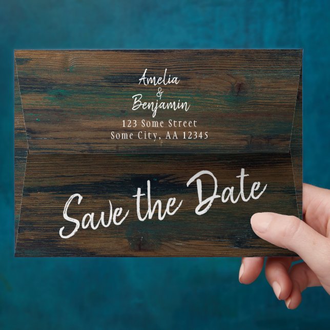 Rustic Wood Script Save the Date Return Address Envelope (Hand)