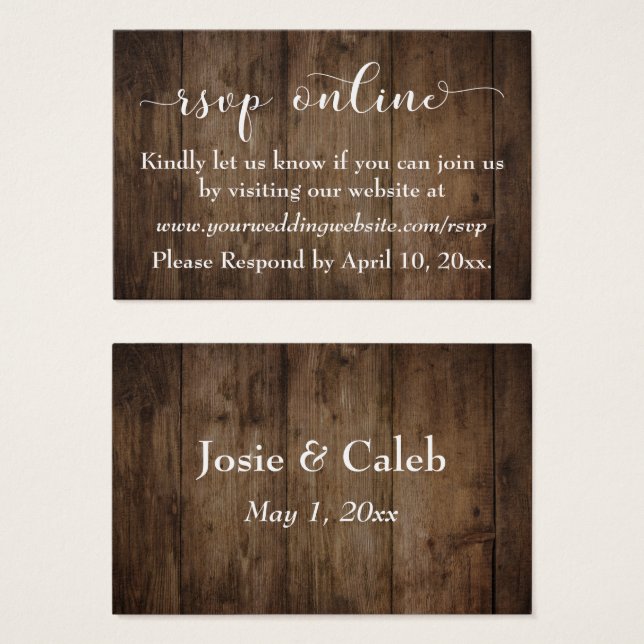 Rustic Wood & Script Wedding RSVP Online Inserts (Front & Back)