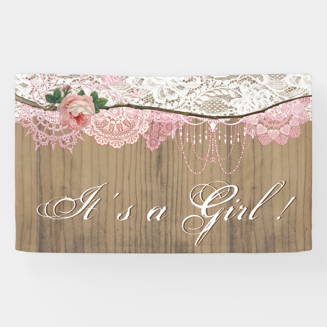 Rustic Wood Shabby Chic Lace Girl Baby Shower Banner (Horizontal)