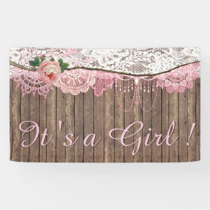 Rustic Wood Shabby Chic Pink Lace Girl Baby Shower Banner