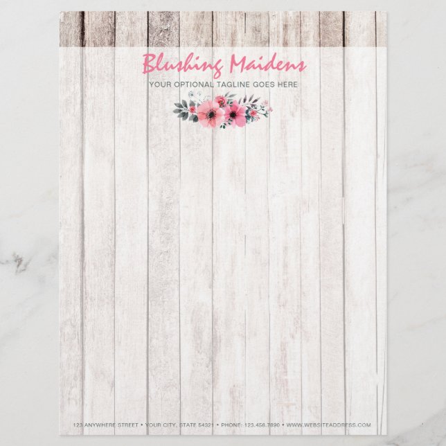 Rustic Wood Shabby Chic Pink Roses Anemone Floral Letterhead Template (Front)