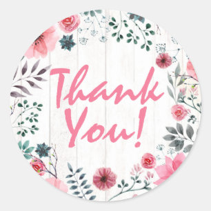 Rustic Wood Shabby Chic Pink Roses Thank You Classic Round Sticker