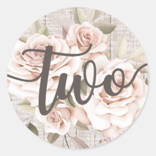 Rustic Wood & Shabby Chic Roses 2nd Birthday Party Classic Round Sticker