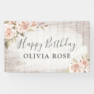 Rustic Wood & Shabby Chic Roses Floral Birthday Banner