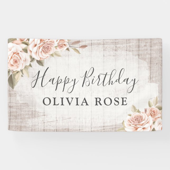 Rustic Wood & Shabby Chic Roses Floral Birthday Banner (Horizontal)