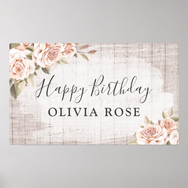 Rustic Wood & Shabby Chic Roses Floral Birthday Poster (Front)