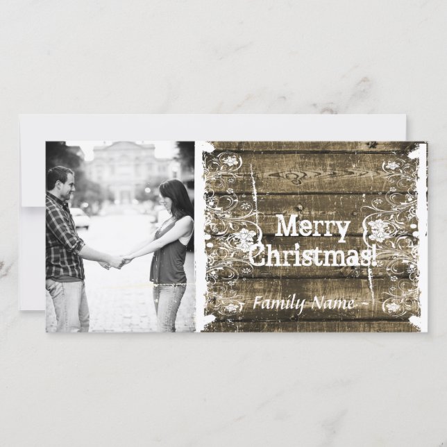 Rustic Wood Shabby Lace Photo Christmas Card (Front)