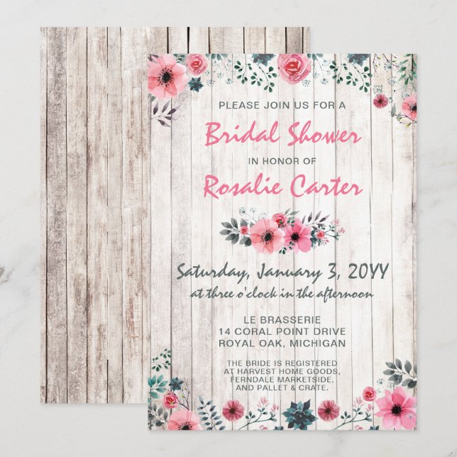 Rustic Wood Shabby Roses Bridal Shower Invitation (Front/Back)