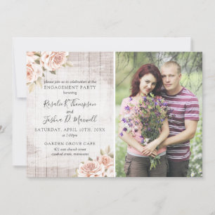Rustic Wood & Shabby Roses Engagement Party Photo Invitation