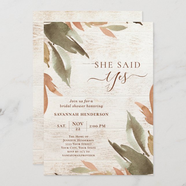 Rustic Wood She Said Yes Greenery Bridal Shower Invitation (Front/Back)