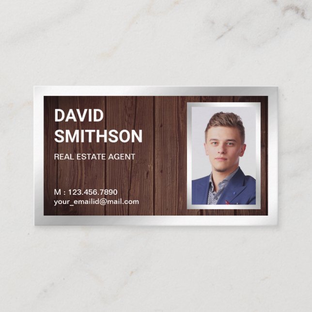 Rustic Wood Silver Foil Real Estate Realtor Photo Business Card (Front)