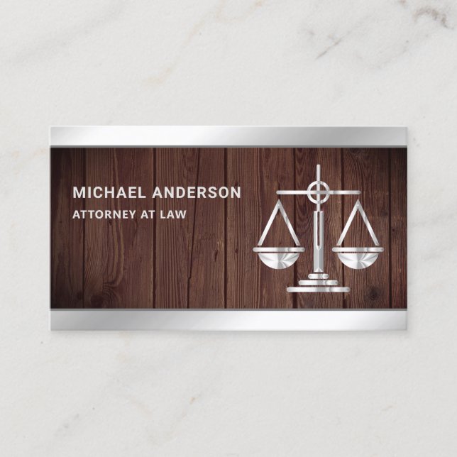Rustic Wood Silver Justice Scale Lawyer Attorney Business Card (Front)
