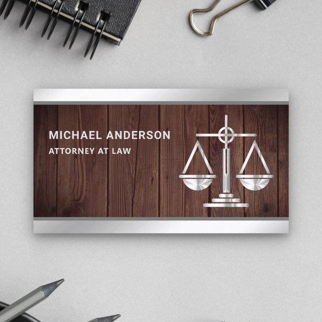 Rustic Wood Silver Justice Scale Lawyer Attorney Business Card (Creator Uploaded)