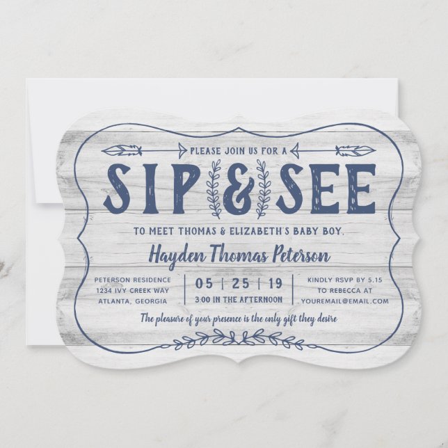 Rustic Wood Sip and See Baby Shower Invitation (Front)