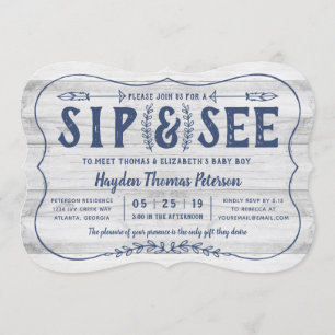 Rustic Wood Sip and See Baby Shower Invitation