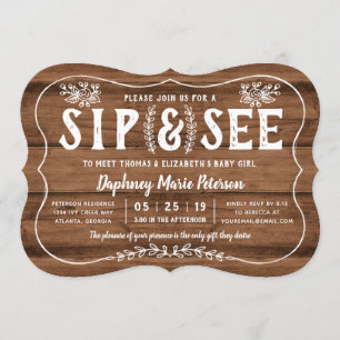 Rustic Wood Sip and See Baby Shower Invitation