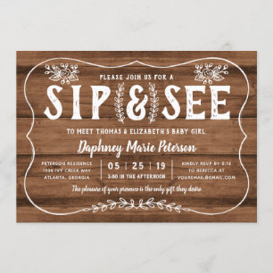 Rustic Wood Sip and See Baby Shower Invitation