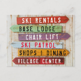 Rustic Wood Ski Resort Directional Arrows Postcard