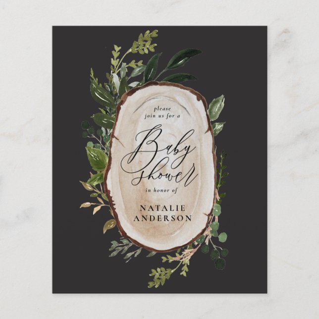 Rustic wood slice baby shower budget invitation flyer (Front)