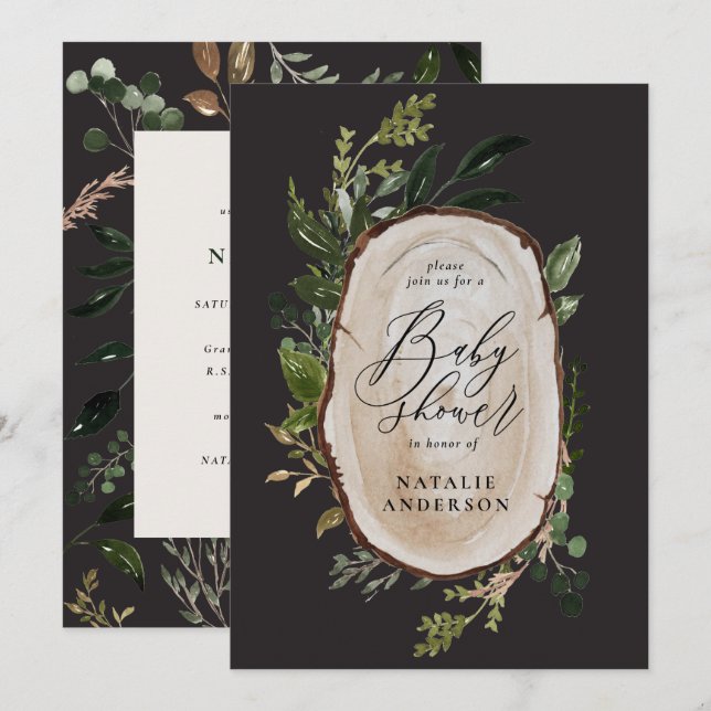 Rustic wood slice baby shower invitation (Front/Back)