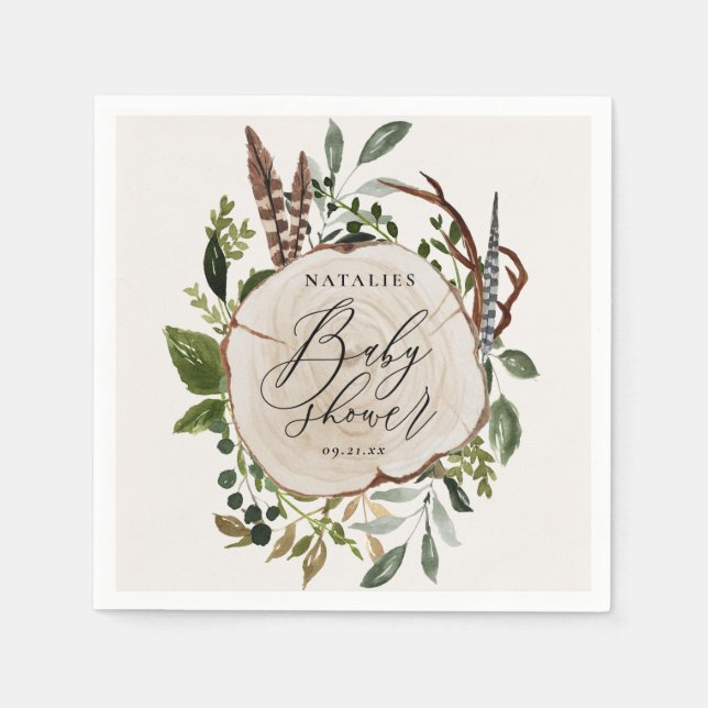 Rustic wood slice baby shower party napkin (Front)