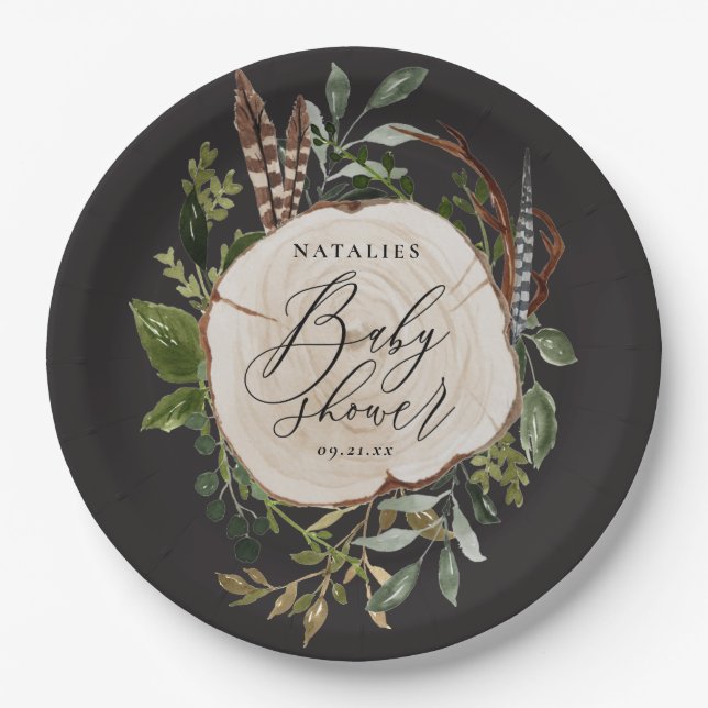 Rustic wood slice baby shower party paper plates (Front)