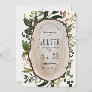 Rustic wood slice birth announcement