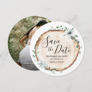 Rustic Wood Slice Botanical PHOTO Save the Date Invitation