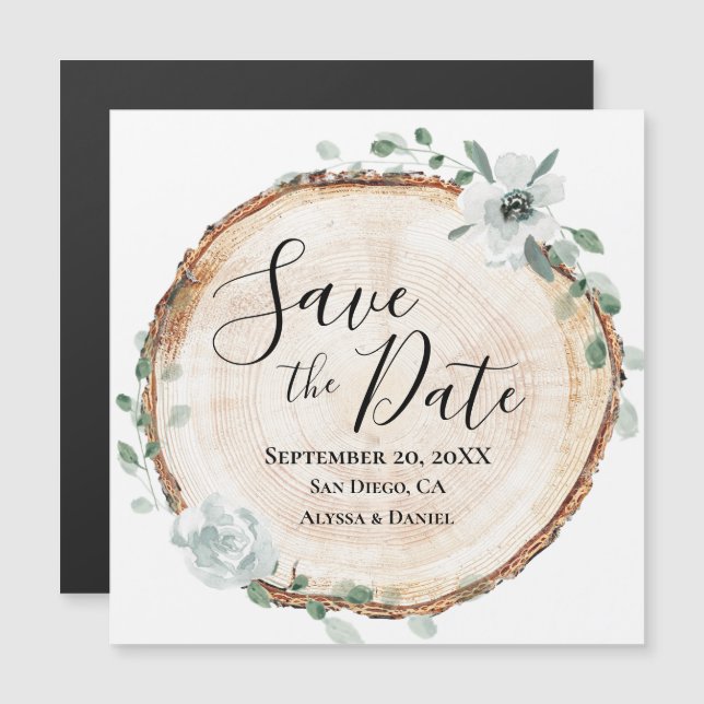 Rustic Wood Slice Botanical Save the Date  Magnetic Invitation (Front/Back)