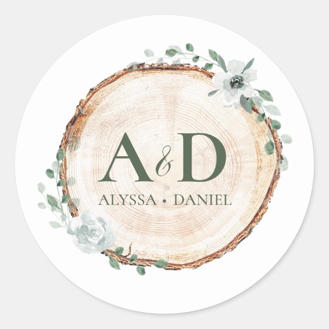 Rustic Wood Slice Botanical Wedding Monogram  Classic Round Sticker (Front)