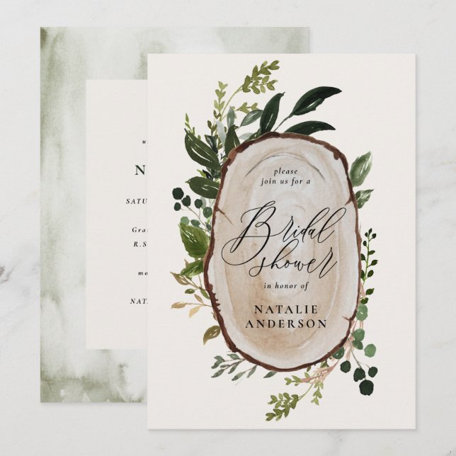 Rustic wood slice bridal shower invitation (Front/Back)