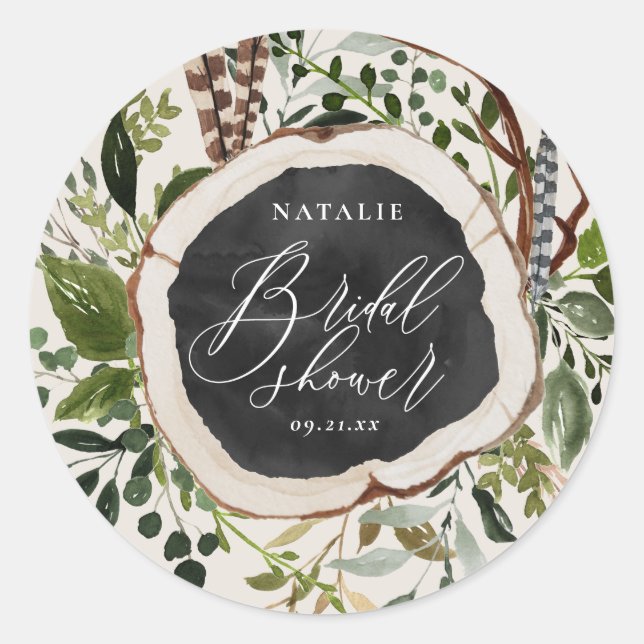 Rustic wood slice bridal shower party classic round sticker (Front)