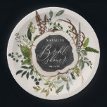 Rustic wood slice bridal shower party paper plate<br><div class="desc">Rustic wood slice bridal shower design. With beautiful watercolor foliage,  white florals,  wood slice and script hand writing. This modern design is sure to set the style for your upcoming party.</div>