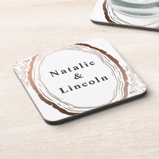 Rustic Wood Slice Copper Foil Autumn Fall Monogram Coaster (Left Side)