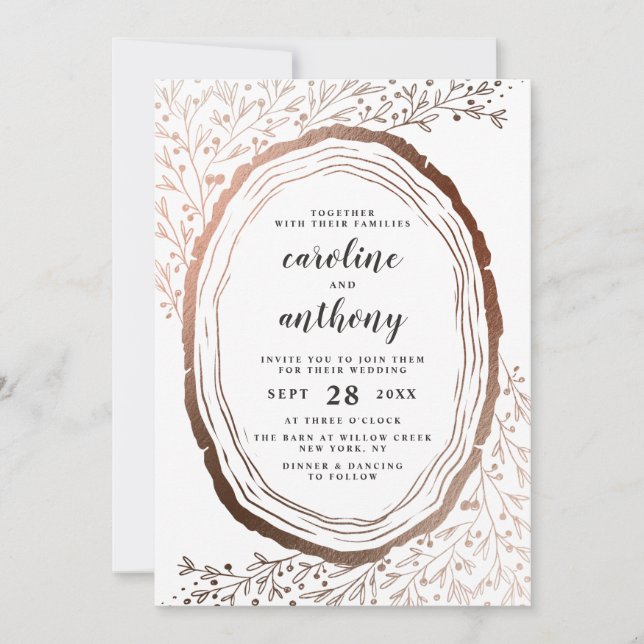 Rustic Wood Slice Copper Foil Autumn Wedding Invitation (Front)