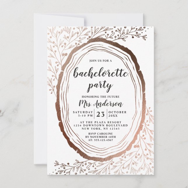 Rustic Wood Slice Copper Foil Bachelorette Party Invitation (Front)