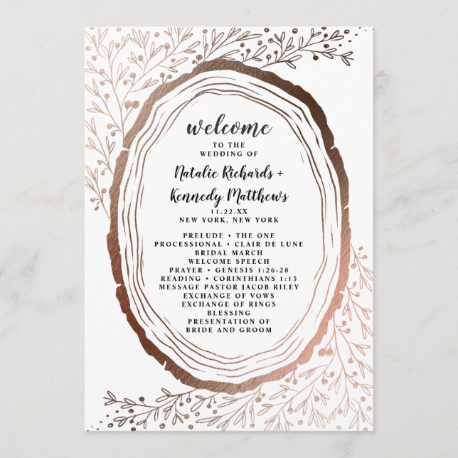 Rustic Wood Slice Copper Foil Wedding Ceremony Programme (Front)
