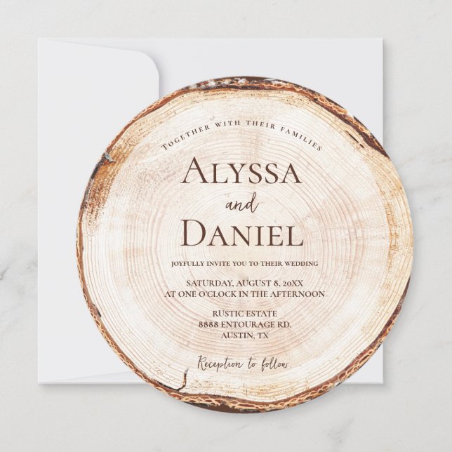 Rustic Wood Slice Editable Wedding Invitation (Front)