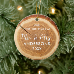 Rustic Wood Slice First Christmas First Married Ceramic Tree Decoration