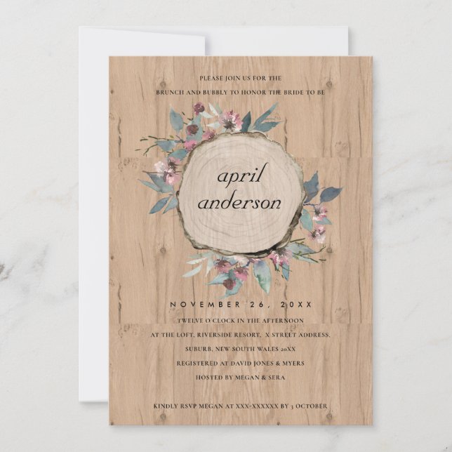 RUSTIC WOOD SLICE FLORAL BRUNCH &  BUBBLY INVITE (Front)