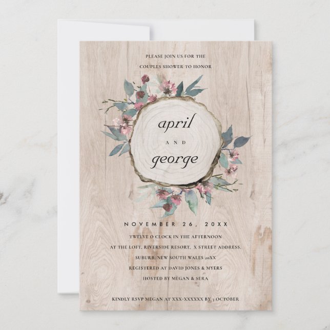 RUSTIC WOOD SLICE FLORAL COUPLES SHOWER INVITE (Front)